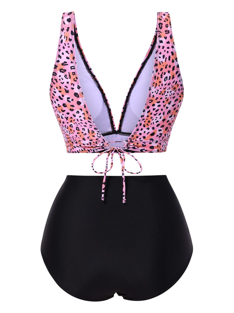1950er Leopard Drucken Tief V-Ausschnitt Schnürung Bikini Set