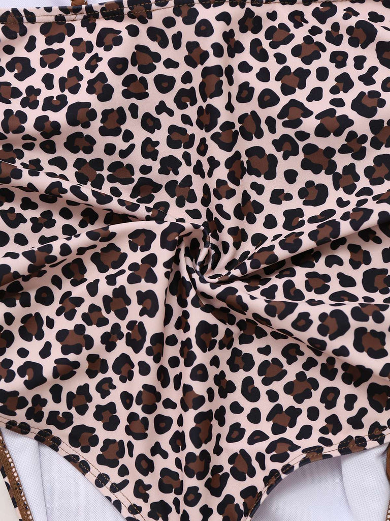 Braun 1940er Leopard Hohl Kordelzug Bademode