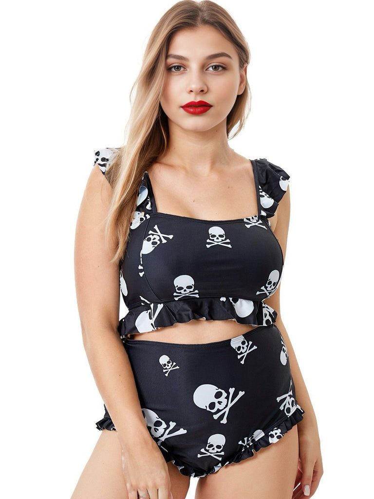 [Große Größen] Schwarz 1980er Gothic Schädel Rüschen Bikini Set