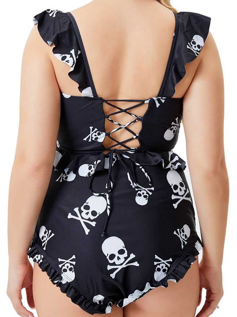 [Große Größen] Schwarz 1980er Gothic Schädel Rüschen Bikini Set