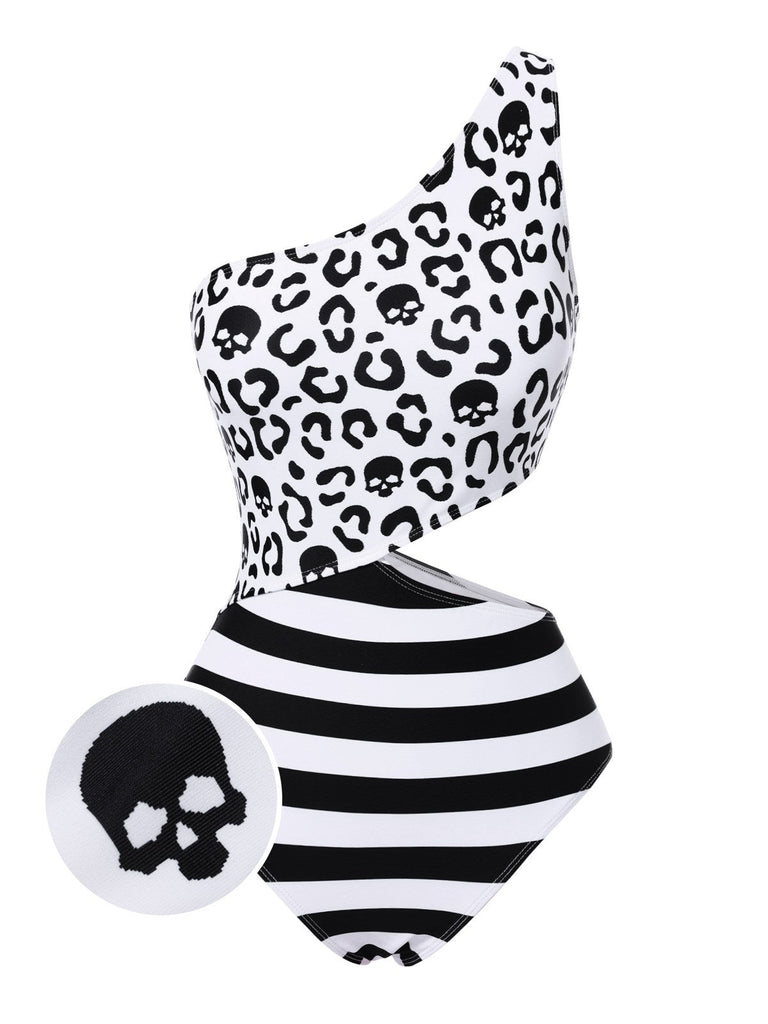 Schwarz 1980er Eine Schulter Hohl Skull Streifen Badeanzug