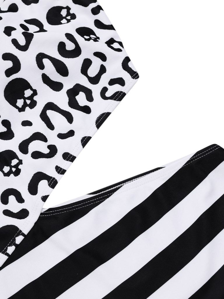 Schwarz 1980er Eine Schulter Hohl Skull Streifen Badeanzug