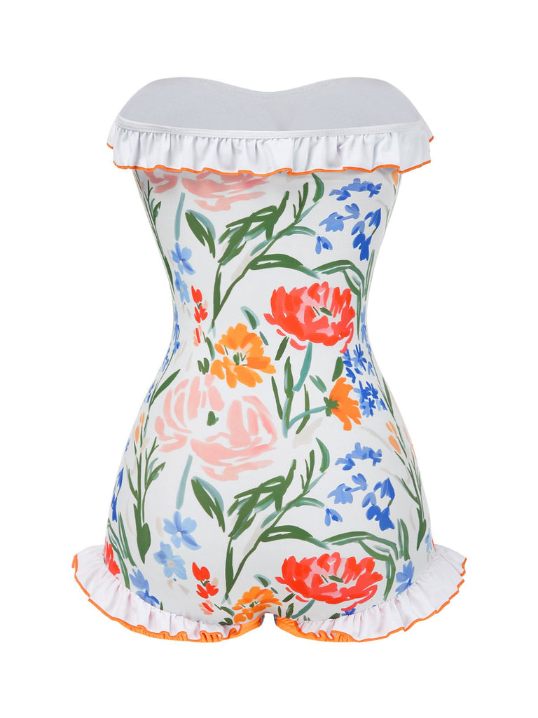 Mehrfarbig 1960er Gemalt Blumen Bandeau Badeanzug