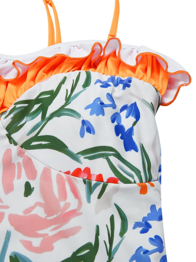 Mehrfarbig 1960er Gemalt Blumen Bandeau Badeanzug