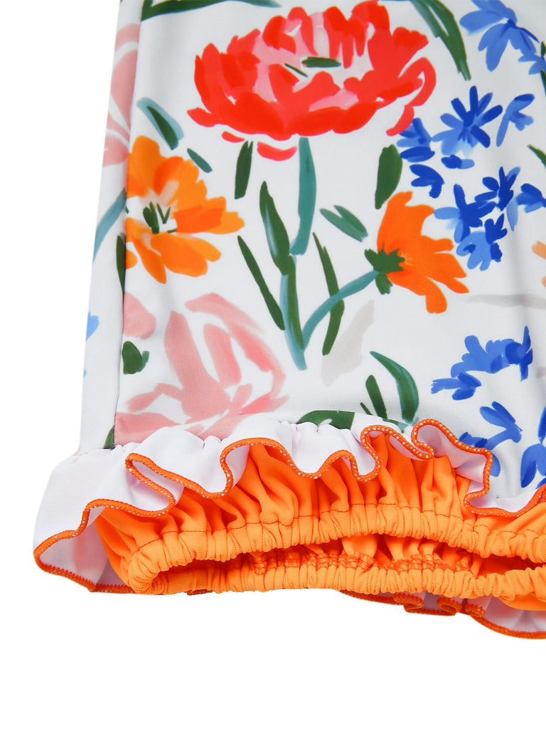 Mehrfarbig 1960er Gemalt Blumen Bandeau Badeanzug