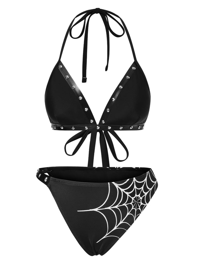 Schwarz 1980er Gothic Spinnennetz Nieten Bikini Set