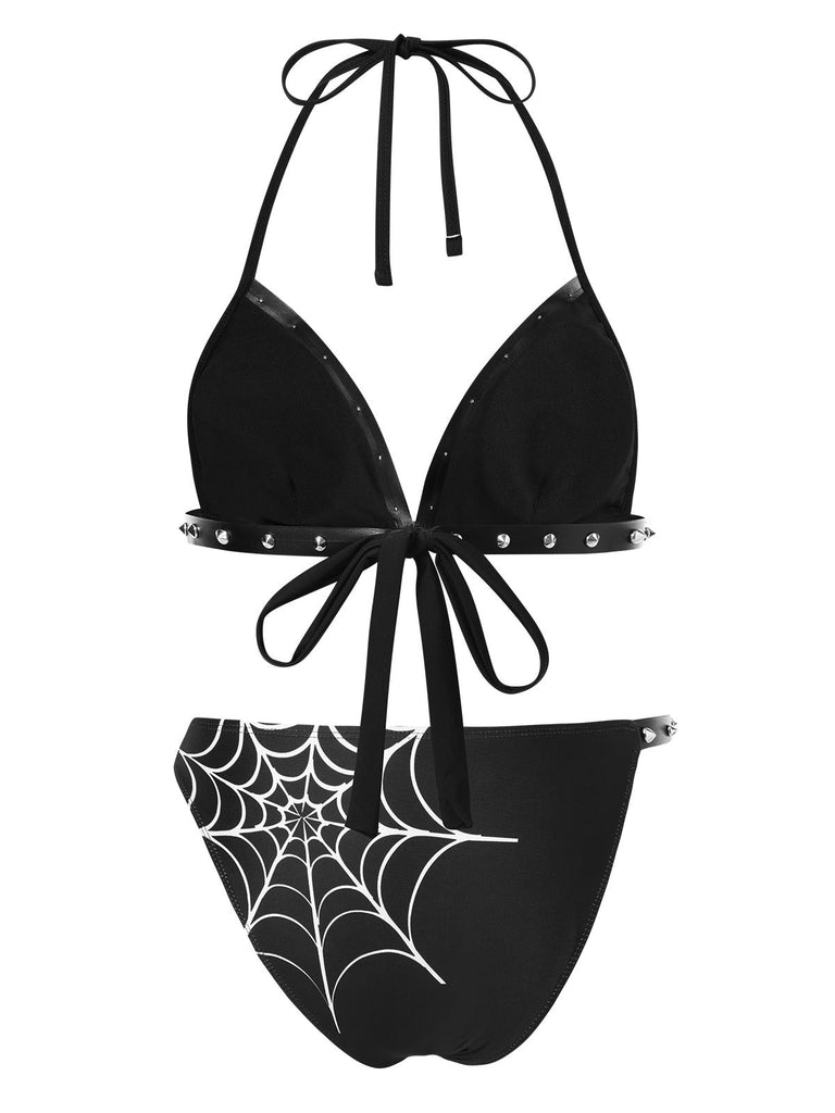 Schwarz 1980er Gothic Spinnennetz Nieten Bikini Set