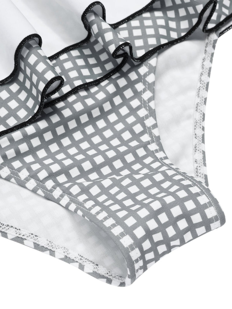 Grau & Weiß 1940er Gingham Plaid Bogen Halfter Bademode