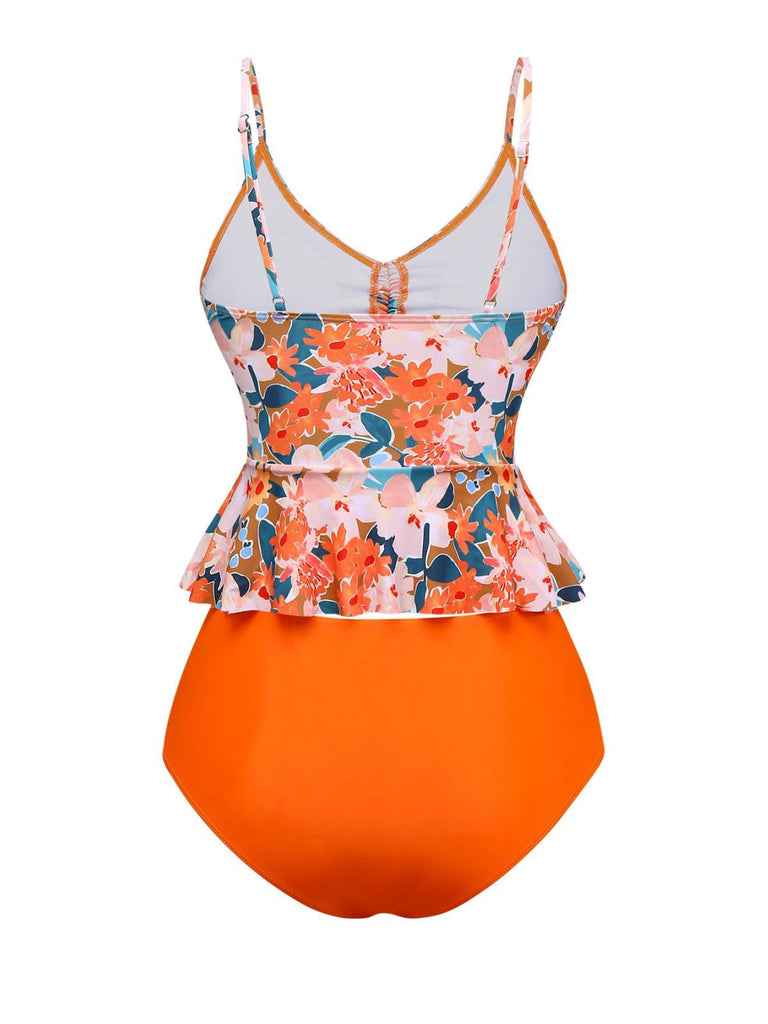 Orange 1970er Blumen Kordelzug Spaghetti Träger Tankini Set