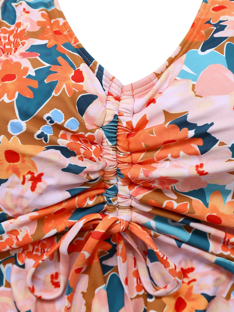 Orange 1970er Blumen Kordelzug Spaghetti Träger Tankini Set