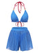 2PCS Blau 1950er Halter Plaid Legierungsstern Bikini Set & Shorts