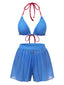 2PCS Blau 1950er Halter Plaid Legierungsstern Bikini Set & Shorts