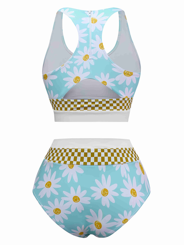 Blau 1960er Gänseblümchen Check Tankini Set