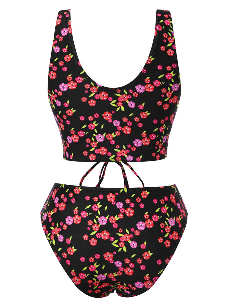Schwarz 1940er Kleine Blumen Schnürung Tankini Set