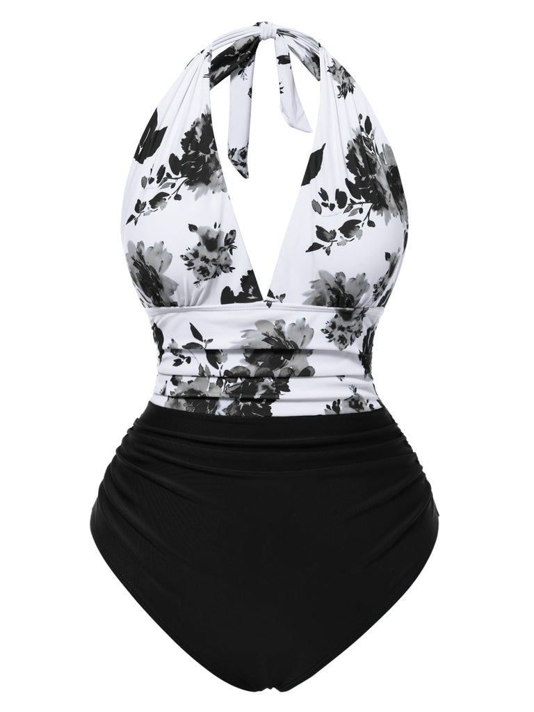 1940er Leaf Drucken Halfter Patchwork Badeanzug