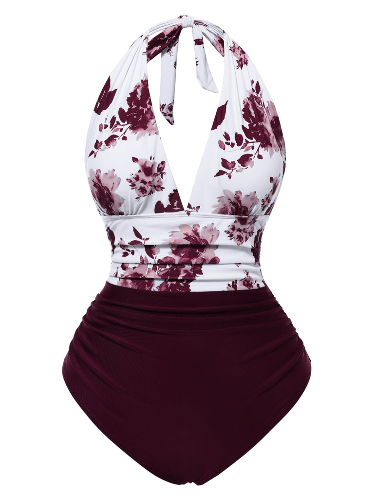 Weinrot 1940er Leaf Drucken Halfter Patchwork Badeanzug