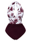 Weinrot 1940er Leaf Drucken Halfter Patchwork Badeanzug