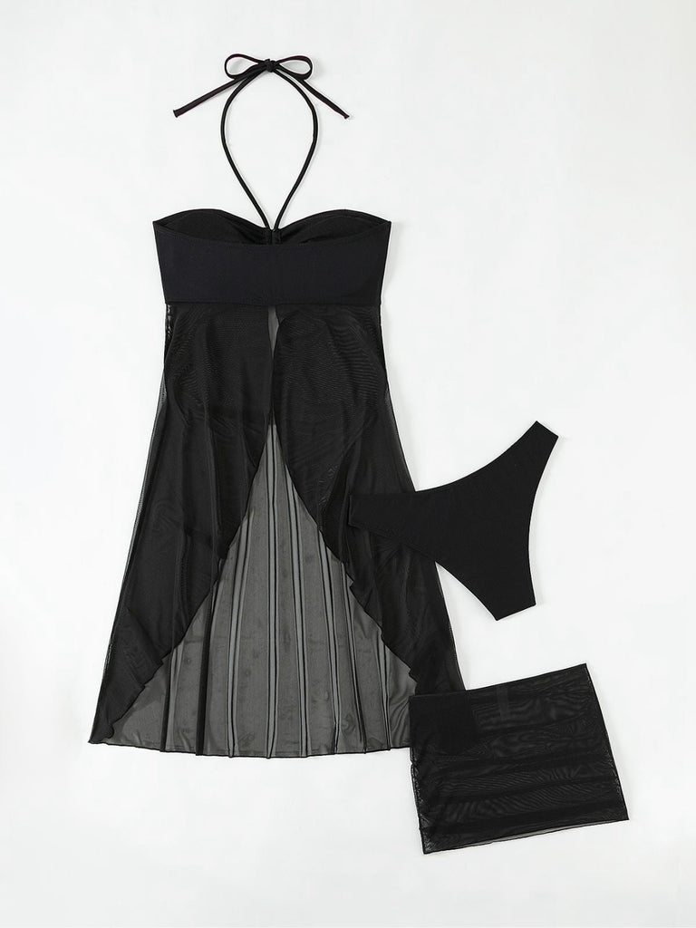 3PCS Schwarz 1950er Solide Halfter Tankini Set & Cover-Up