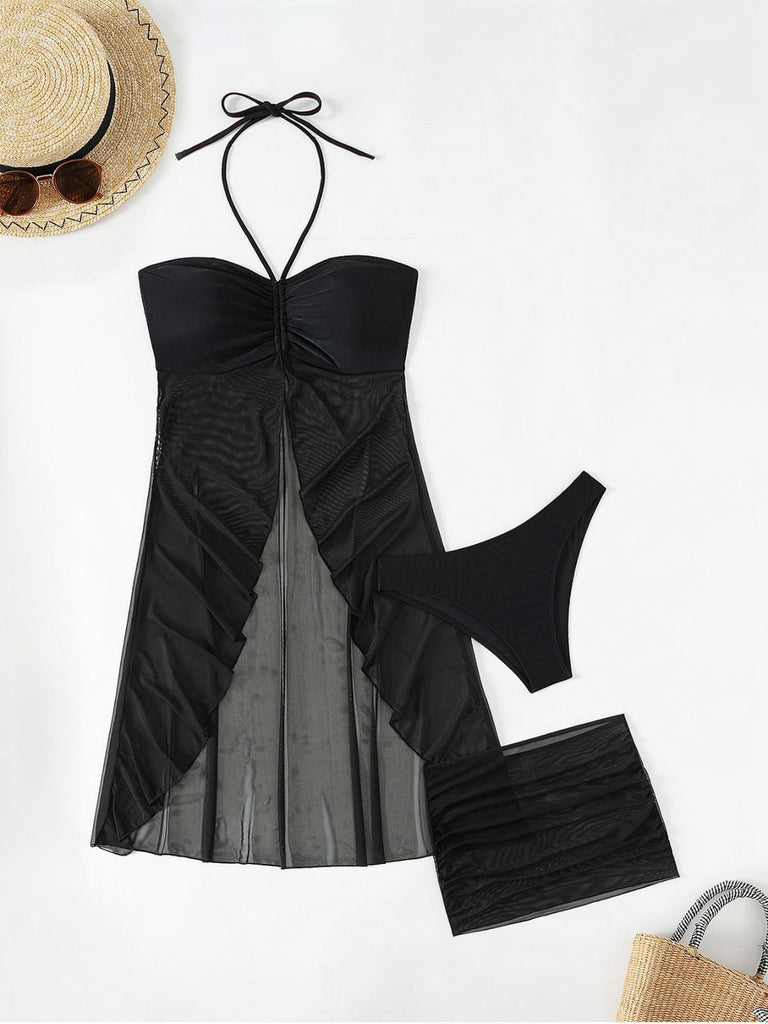 3PCS Schwarz 1950er Solide Halfter Tankini Set & Cover-Up