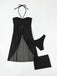 3PCS Schwarz 1950er Solide Halfter Tankini Set & Cover-Up