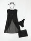 3PCS Schwarz 1950er Solide Halfter Tankini Set & Cover-Up