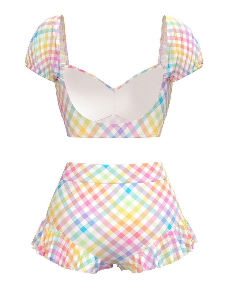 Mehrfarbig 1970er Puff Gingham Plaid Tankini Set
