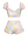 Mehrfarbig 1970er Puff Gingham Plaid Tankini Set