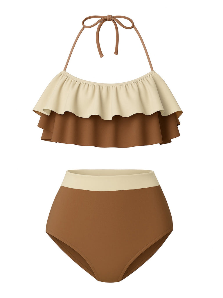 1940er Hohe Taille Farbblock Rüschen Halfter Tankini Set