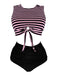 [Große Größen] Schwarz 1970er Streifen Taille Binden Patchwork Badeanzug