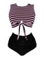 [Große Größen] Schwarz 1970er Streifen Taille Binden Patchwork Badeanzug