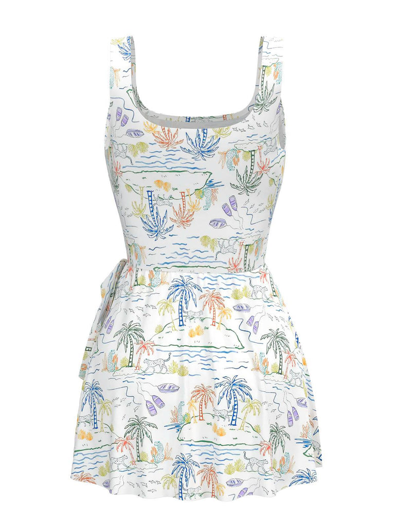 Graugrün 1940er Pflanzendruck Quadratischer Hals Badekleid