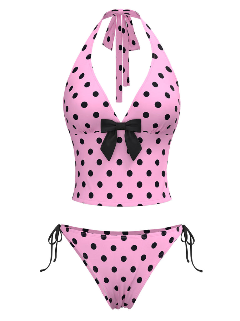 Rosa 1970er Halter Polka Dots Bogen Bikini Set