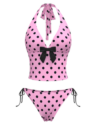 Rosa 1970er Halter Polka Dots Bogen Bikini Set