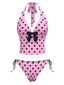 Rosa 1970er Halter Polka Dots Bogen Bikini Set