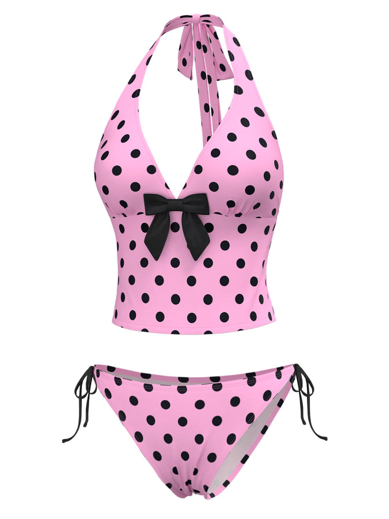Rosa 1970er Halter Polka Dots Bogen Bikini Set