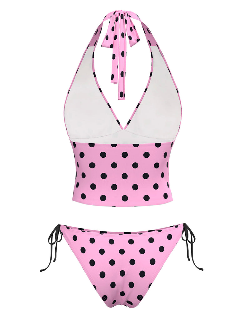 Rosa 1970er Halter Polka Dots Bogen Bikini Set