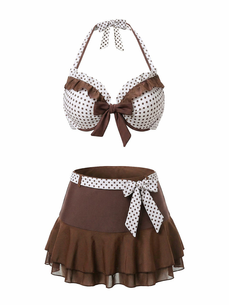 Braun 1970er Polka Punkte Rüschen Halter Rock Bademode