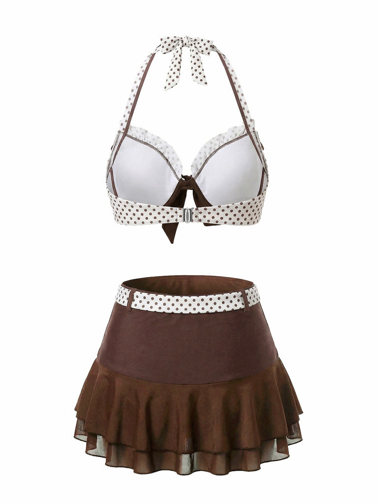 Braun 1970er Polka Punkte Rüschen Halter Rock Bademode