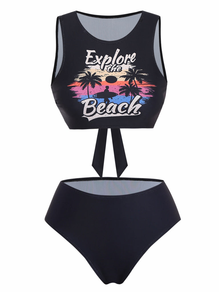 Schwarz 1950er Erkunde Den Strand Tankini Set