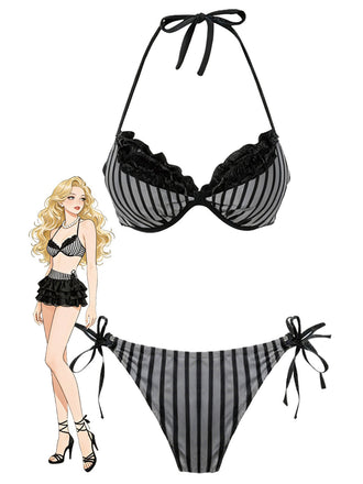 [Vorverkauf] Grau 1960er Streifen Netz Halter Bogen Bikini Set