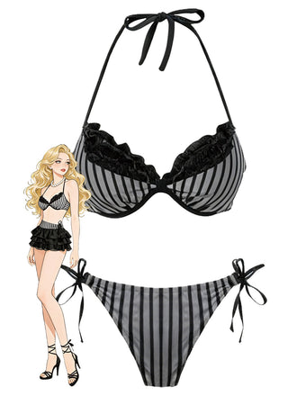 Grau 1960er Streifen Netz Halter Bogen Bikini Set