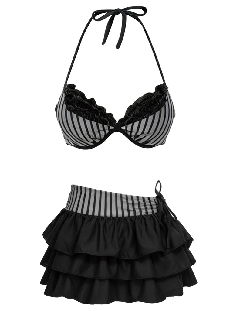 2PCS Grau 1960er Streifen Bikini Set & Gestuft Cover-Up