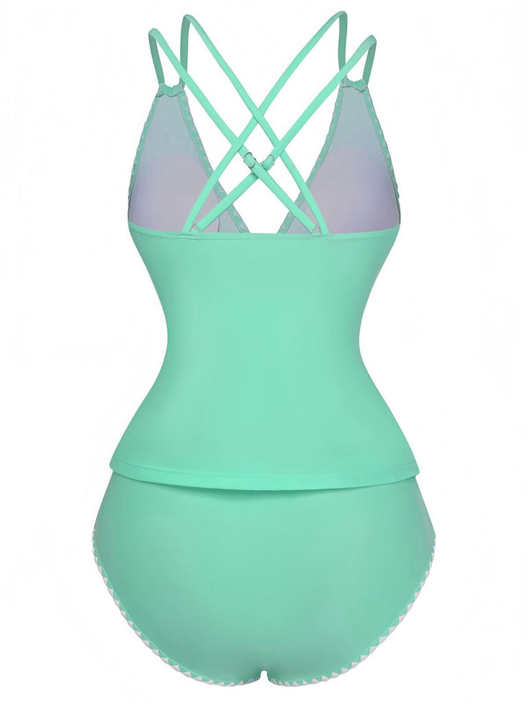 1940er Farbblock Tiefer V-Ausschnitt Rücken-Kreuzung Tankini Set