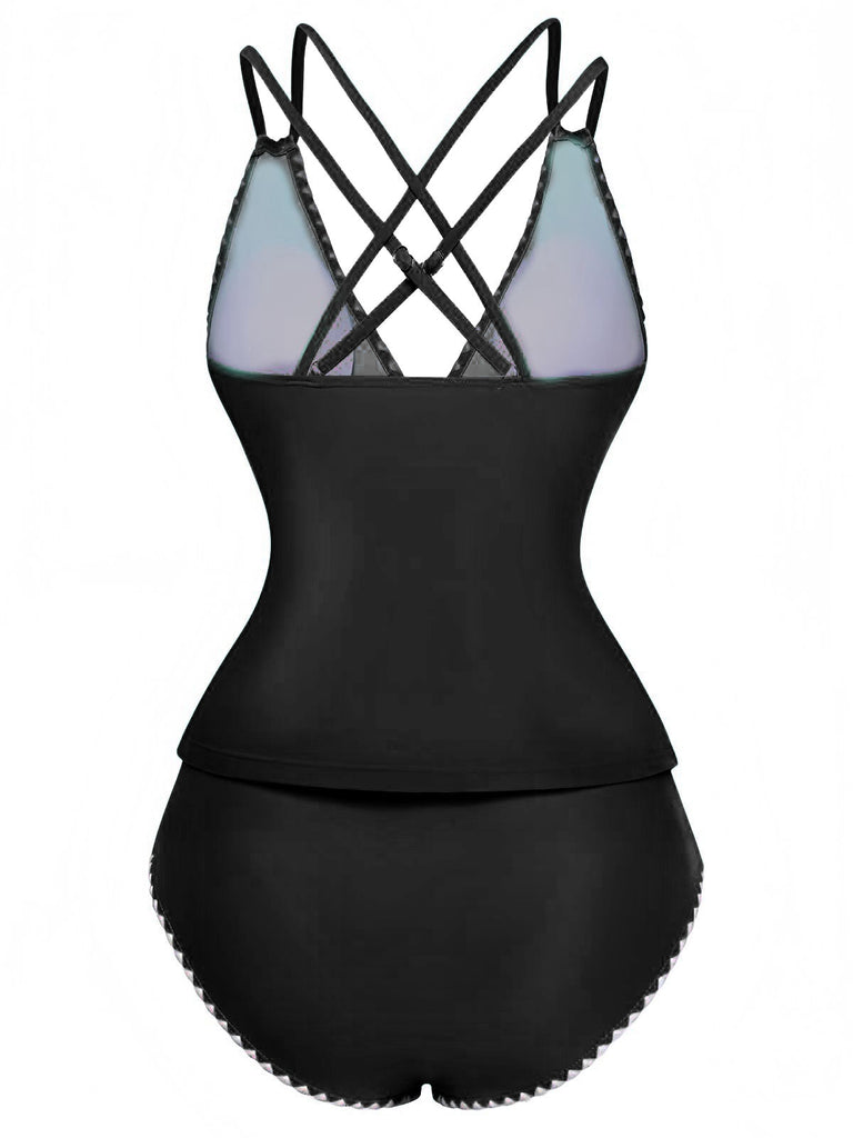 1940er Farbblock Tiefer V-Ausschnitt Rücken-Kreuzung Tankini Set
