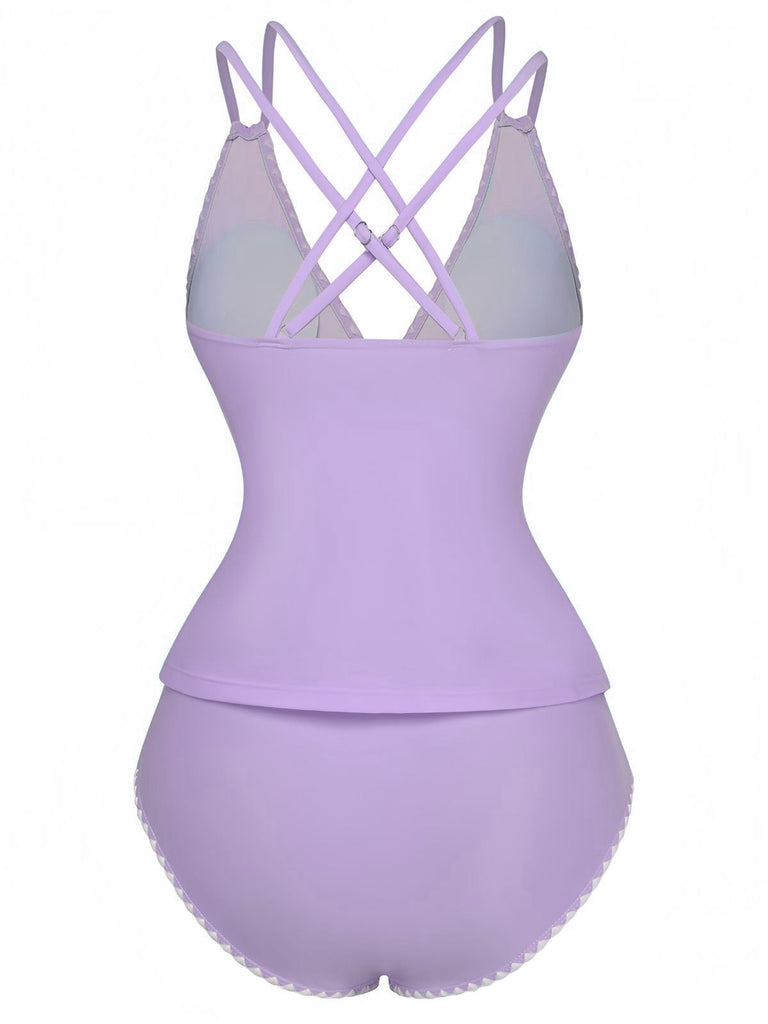 1940er Farbblock Tiefer V-Ausschnitt Rücken-Kreuzung Tankini Set
