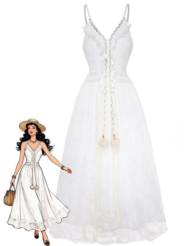Weiß 1970er V-Ausschnitt Boho Spitze Maxi Kleid