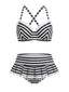 [Vorverkauf] Schwarz & Weiß 1960er Rüschen Träger Streifen Bikini Set