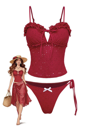Rot 1960er Bestickt Cutout Rüschen Tankini Set