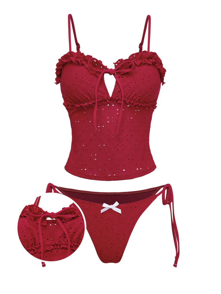 Rot 1960er Bestickt Cutout Rüschen Tankini Set
