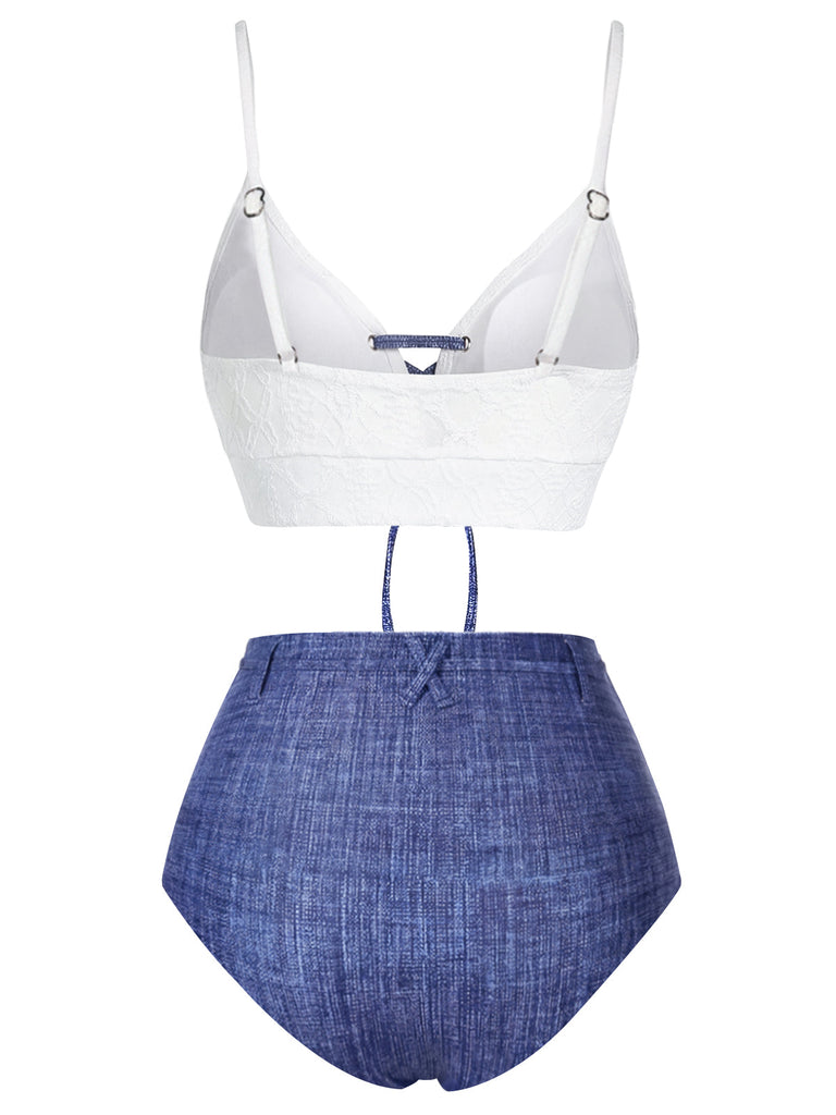 Blau 1940er Schnürung Halter Schein-Denim Bikini Set